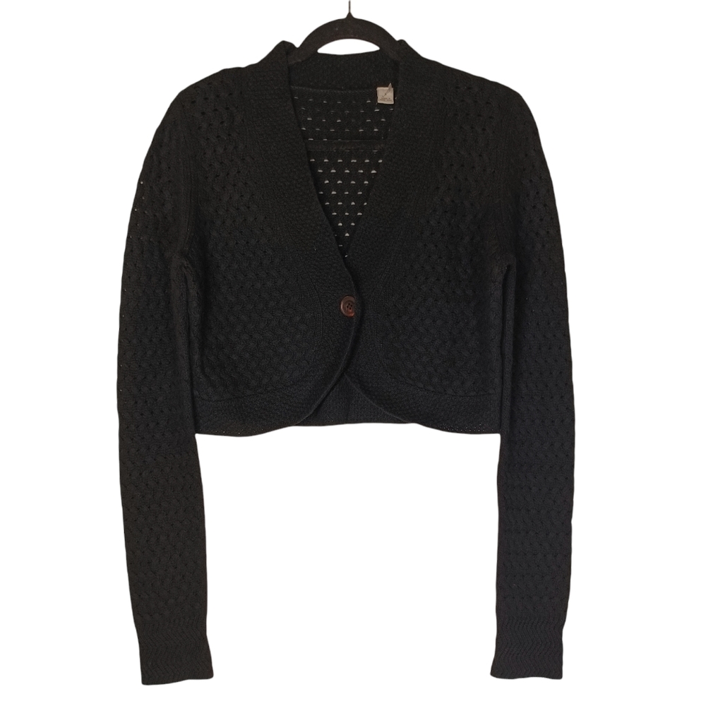 NEW NORDSTROM Lamb's Wool Blend Black Knit Cropped Button Front Cardigan Sweater